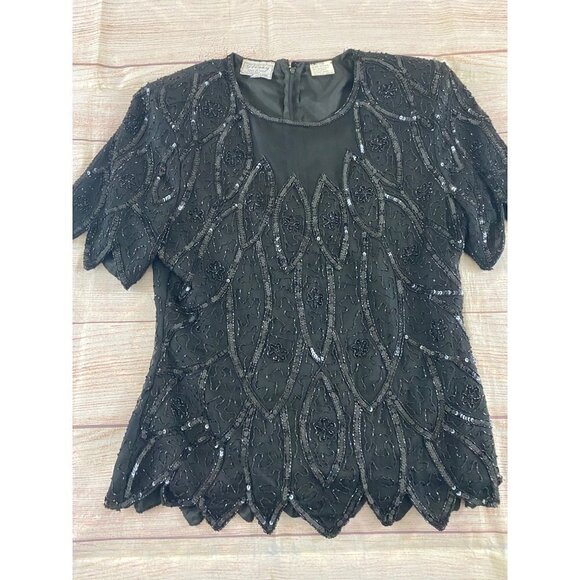 Vintage Stenay Women's Black Silk Sequin Top - Medium - Picture 6 of 12